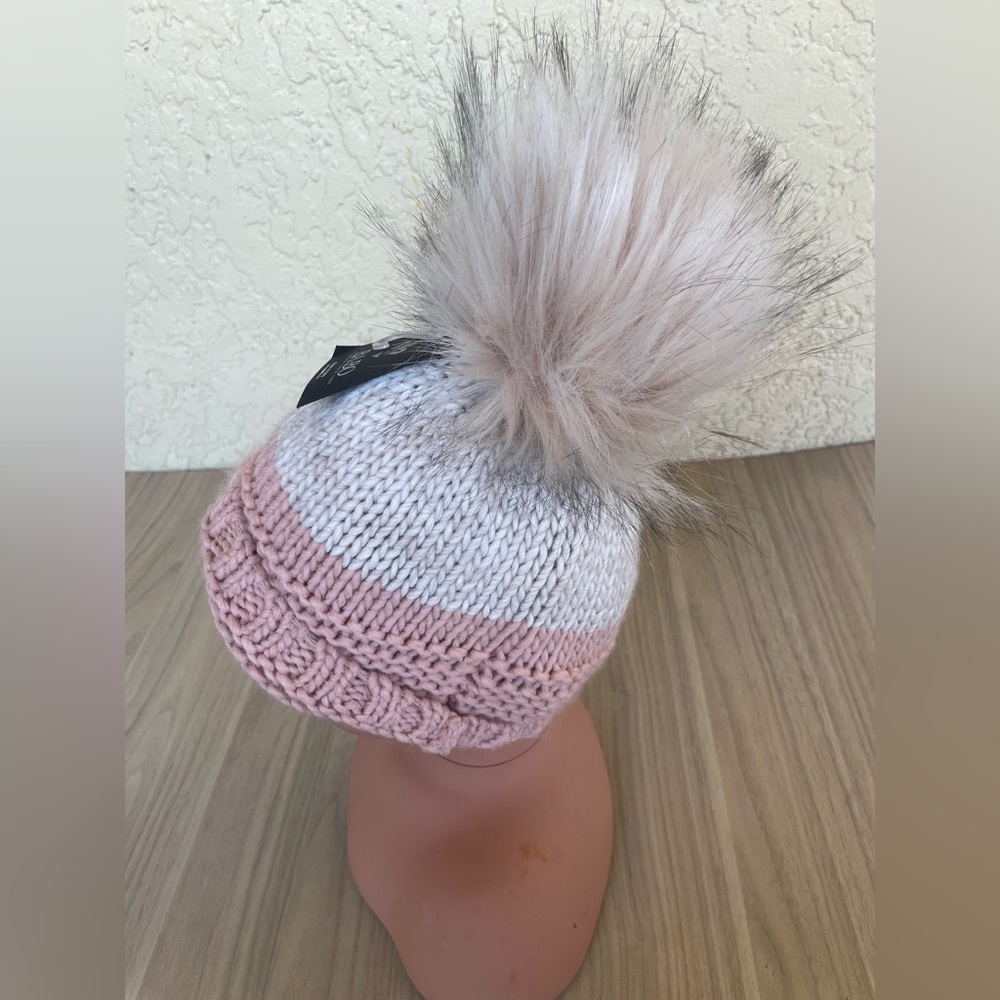 BA-BO Pink and White Knit Hat with Pom-Pom - Picture 3 of 7
